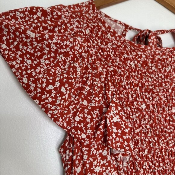 Old Navy Ruffle Sleeve Midi Dress Sz M Red Ditsy Floral Cottagecore Boho - Picture 2 of 10
